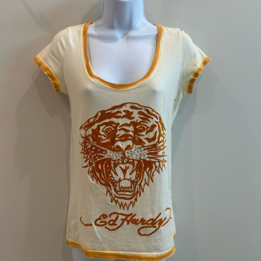 Ed Hardy Vintage Cream Colored Tee with Orange Tiger and Rhinestones Size Small